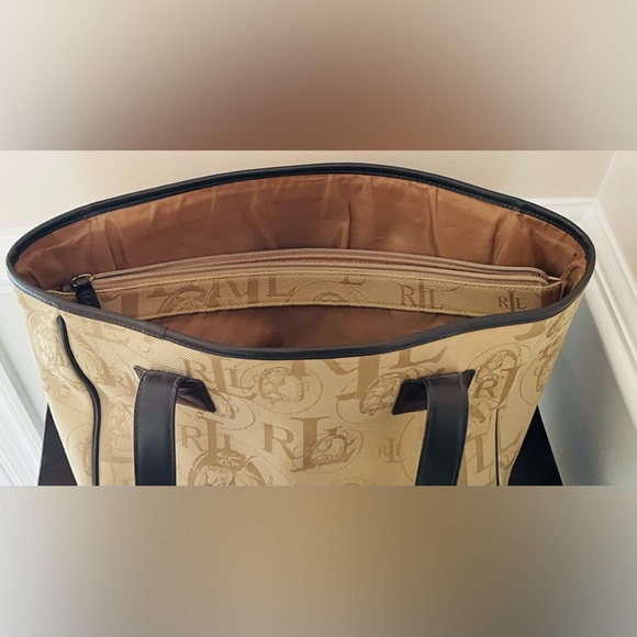 Timeless Classic Y2K Ralph Lauren Khaki Canvas And Dark Brown Leather Large Tote - Picture 9 of 15